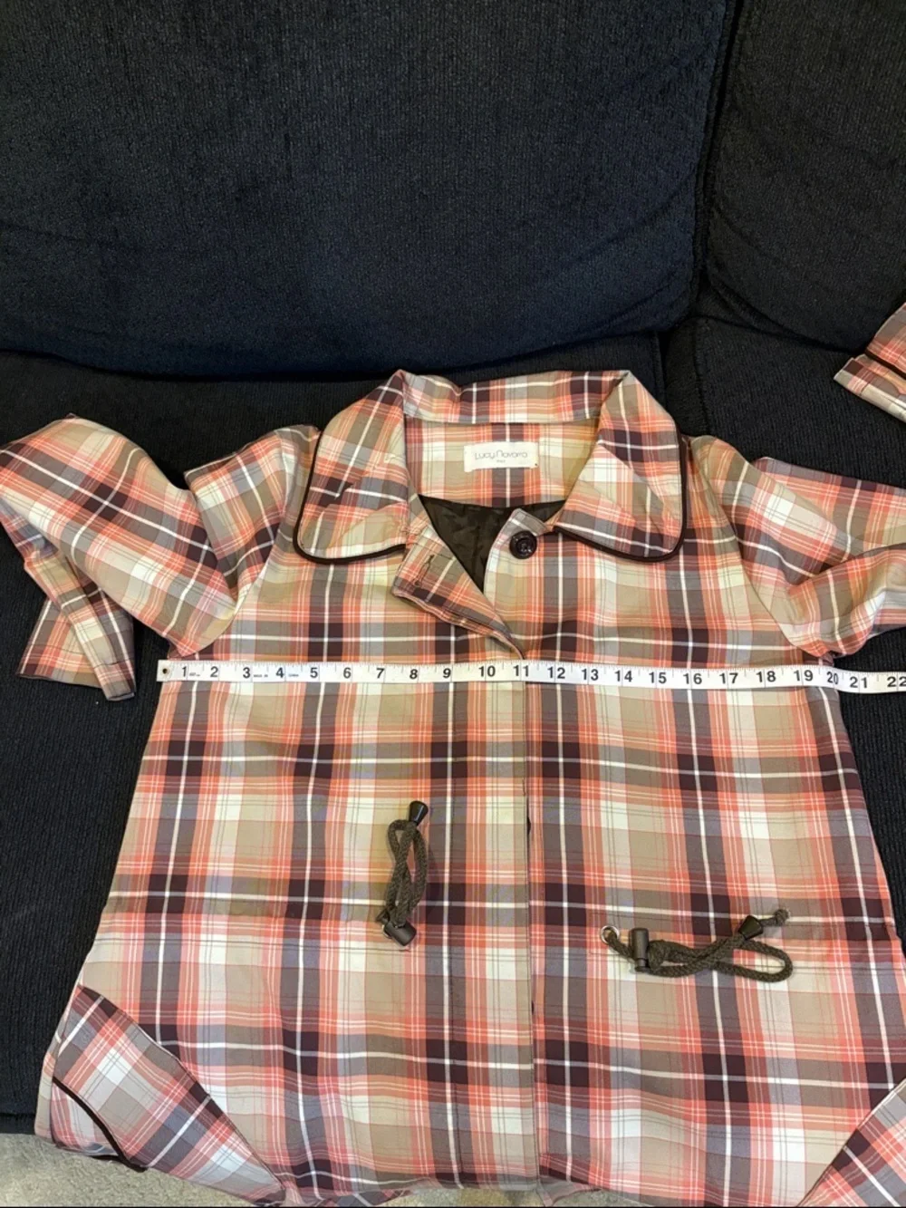 Plaid Button-Front Women's Jacket in Brown/Red and Cream Tie Waist & Hem-EU 44/M